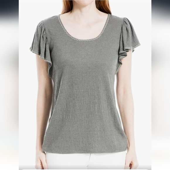Max Studio Women Flutter sleeve Crinkle jersey Crew top sz L - Picture 1 of 8